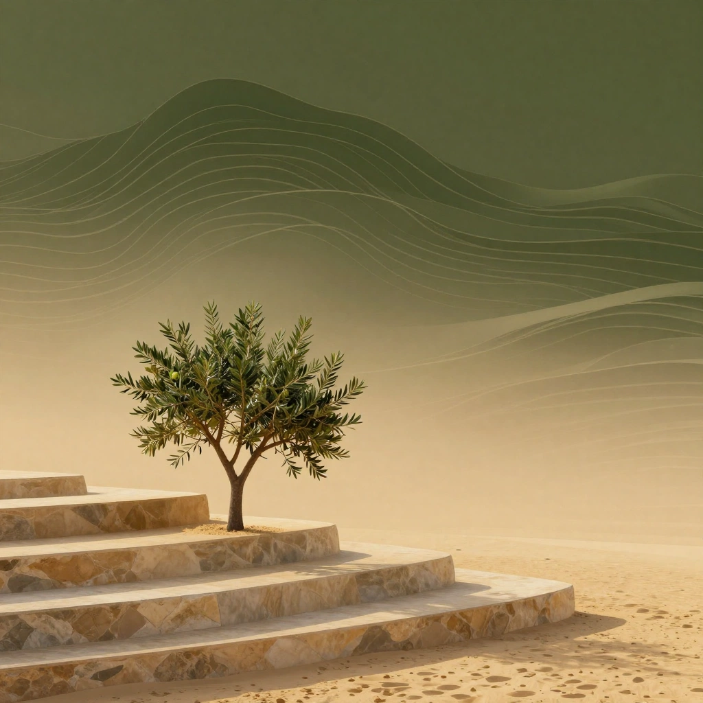 شجرة زيتون تنمو على مدرّجات حجرية — رمز البناء المؤسسي